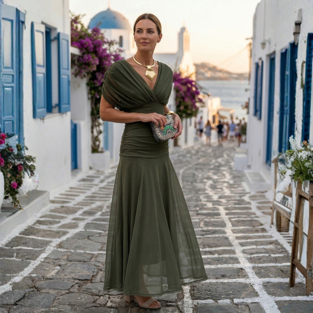 Xenia - Μακρύ κομψό φόρεμα με V λαιμόκοψη